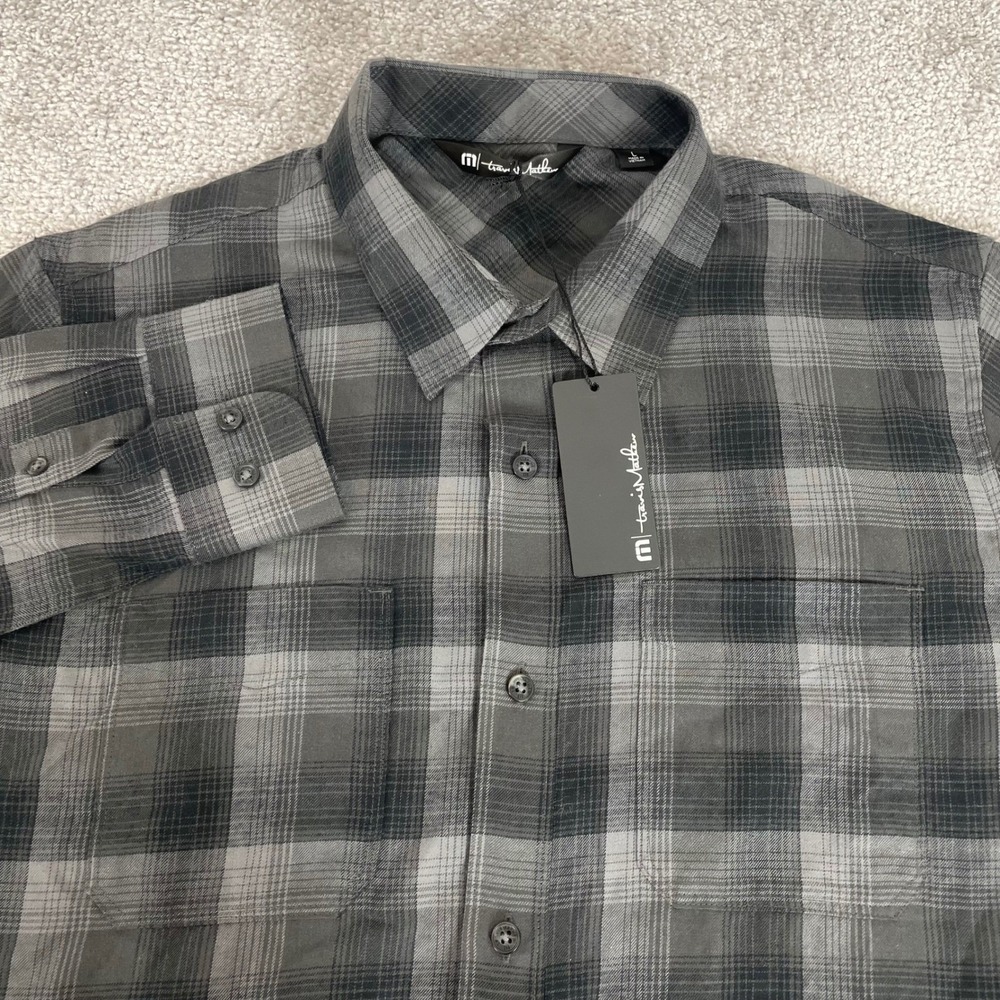 Travis Mathew Button Up Shirt Mens Large Inland Plaid Long Sleeve Gray NWT